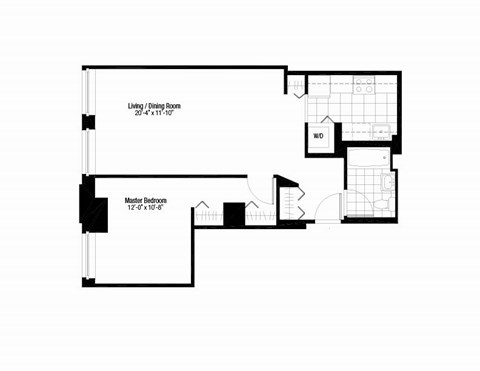 Floor plan for 1 bed, 1 bath, 676 sqft